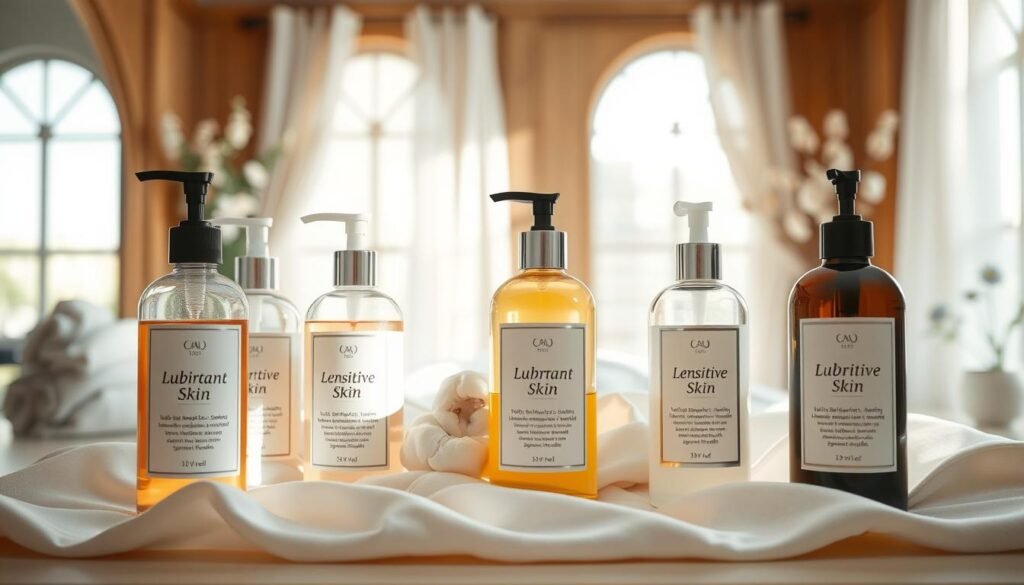 A visually appealing illustration of a skincare product display showcasing various lubricants tailored for different skin types, such as dry, sensitive, oily, and combination skin. In the foreground, feature elegantly designed bottles of lubricants with distinct labels. The middle ground should include soft, gentle textures like silk and cotton, symbolizing skin sensitivity, while emphasizing a nurturing atmosphere. In the background, create a cozy, well-lit spa environment, with calming colors such as soft blues and greens. Use natural light to enhance the serene ambiance. Capture the scene from a slightly elevated angle to provide a comprehensive view of the product arrangement, evoking a sense of care and professionalism, ideal for individuals seeking personalized skincare recommendations.