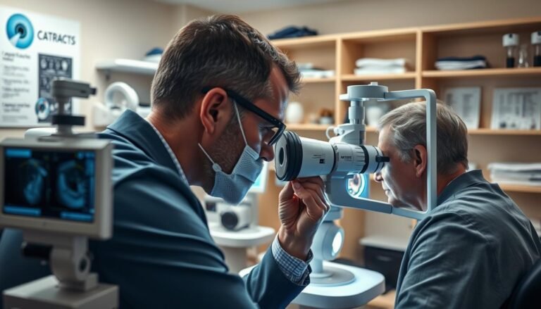 A detailed scene showcasing the examination process for cataract ultrasound surgery. In the foreground, a highly focused ophthalmologist in professional attire carefully examines a patient's eye using advanced diagnostic equipment, ensuring a sterile environment. In the middle ground, the examination room is filled with high-tech instruments such as ultrasound machines, illuminated by soft, clinical lighting that highlights the precision of the workflow. The background includes shelves with surgical tools and informational charts about cataracts, creating a medical atmosphere. The overall mood is one of professionalism and care, emphasizing the importance of thorough eye examinations to enhance surgical outcomes. The composition is well-lit and shot from a slight angle to create depth, capturing the intricate details of the examination process.