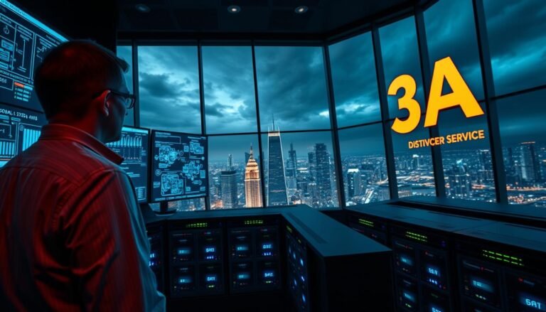 A high-tech cybersecurity control room featuring "3A" in a sleek, modern design. In the foreground, a professional IT technician dressed in business attire examines multiple large screens displaying complex network diagrams and firewall configurations. The middle ground showcases rows of high-tech firewalls with glowing indicators, illustrating the multi-layered deployment of 3A's firewall technology. In the background, a digital cityscape can be seen through large windows, with a dark, stormy sky, symbolizing the looming threat of distributed denial-of-service attacks. The lighting is dim, illuminated by blue and green hues from the screens, creating a tense yet focused atmosphere. The perspective is slightly low, emphasizing the scale of the operation while maintaining a sense of urgency and vigilance in the room.