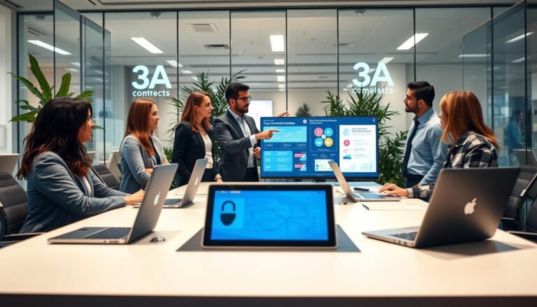 A modern office environment showcasing a tech-savvy company focused on digital privacy. In the foreground, a sleek conference table is equipped with laptops and privacy-focused material, symbolizing data transparency. In the middle ground, a diverse group of professionals in business attire discuss passionately, one pointing to a digital screen displaying infographics related to data protection policies. The background features glass walls with subtle branding of "3A" and greenery, creating an inviting atmosphere. Soft, ambient lighting highlights the seriousness of the discussion while providing a bright and positive vibe. The perspective is slightly elevated, allowing a comprehensive view of the scene, conveying innovation and respect for user privacy.