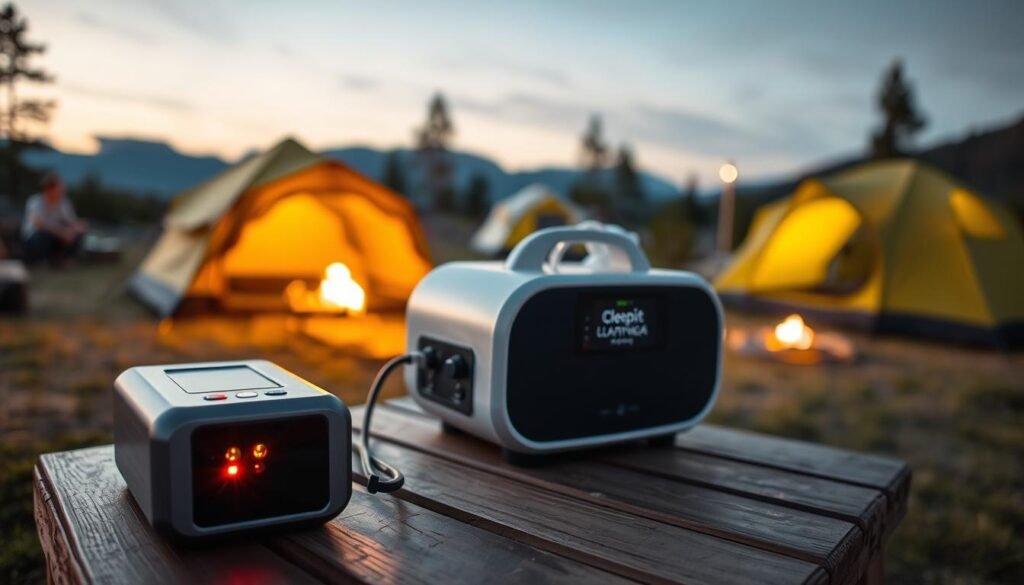 A well-equipped outdoor camp setting featuring a sleek, modern sleep apnea machine placed on a wooden table beside an innovative external battery pack. In the foreground, focus on the battery's LED indicators glowing softly, suggesting readiness. In the middle ground, showcase the sleep machine with its tubing neatly arranged, hinting at usability in outdoor situations. The background should depict a tranquil campsite at dusk, with tents and a warm, glowing campfire under a starry sky, creating a peaceful and serene atmosphere. Use soft lighting to enhance the tranquil mood, and employ a wide-angle lens for an expansive view of the camping scene. No people are included, emphasizing the crucial relationship between the devices.
