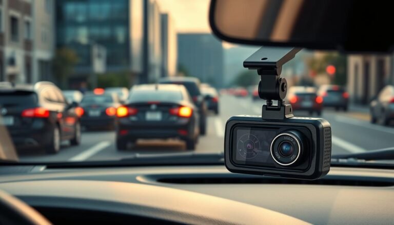 A detailed scene depicting a car dashboard with a dual-channel dash cam prominently displayed, capturing a rear-end collision incident. In the foreground, the sleek dash cam should be designed with clear lenses reflecting the action outside. The middle ground features a modern car showing the collision in progress, with one vehicle slightly elevated and visibly damaged from behind. The background displays a blurred urban street with traffic, emphasizing the chaos of the accident. Soft, natural lighting enhances visibility, creating a serious yet informative atmosphere. The scene should be framed from a slight angle, simulating a driver’s perspective, providing a clear view of the incident being recorded.