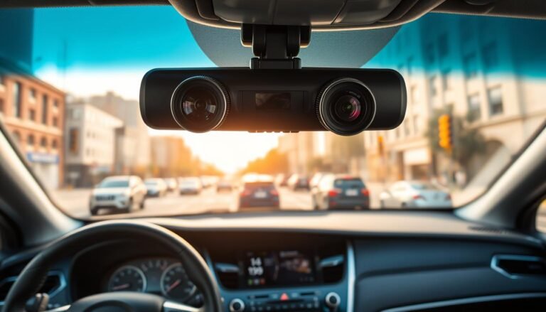 A dual-lens dashcam mounted on a modern car's windshield, showcasing its advanced design advantages. The foreground features a close-up of the camera lenses, highlighting the sleek, compact design with reflective surfaces. In the middle ground, the car interior is visible, emphasizing a clean and organized space with high-tech elements like a digital display. The background shows a busy urban street with cars, pedestrians, and traffic lights, indicating the device's use in a real-world environment. The scene is well-lit with natural daylight streaming through the windshield, creating a bright and optimistic atmosphere. The focus is on the functionality and benefits of dual-camera recording, illustrating the importance of comprehensive visibility for safety.