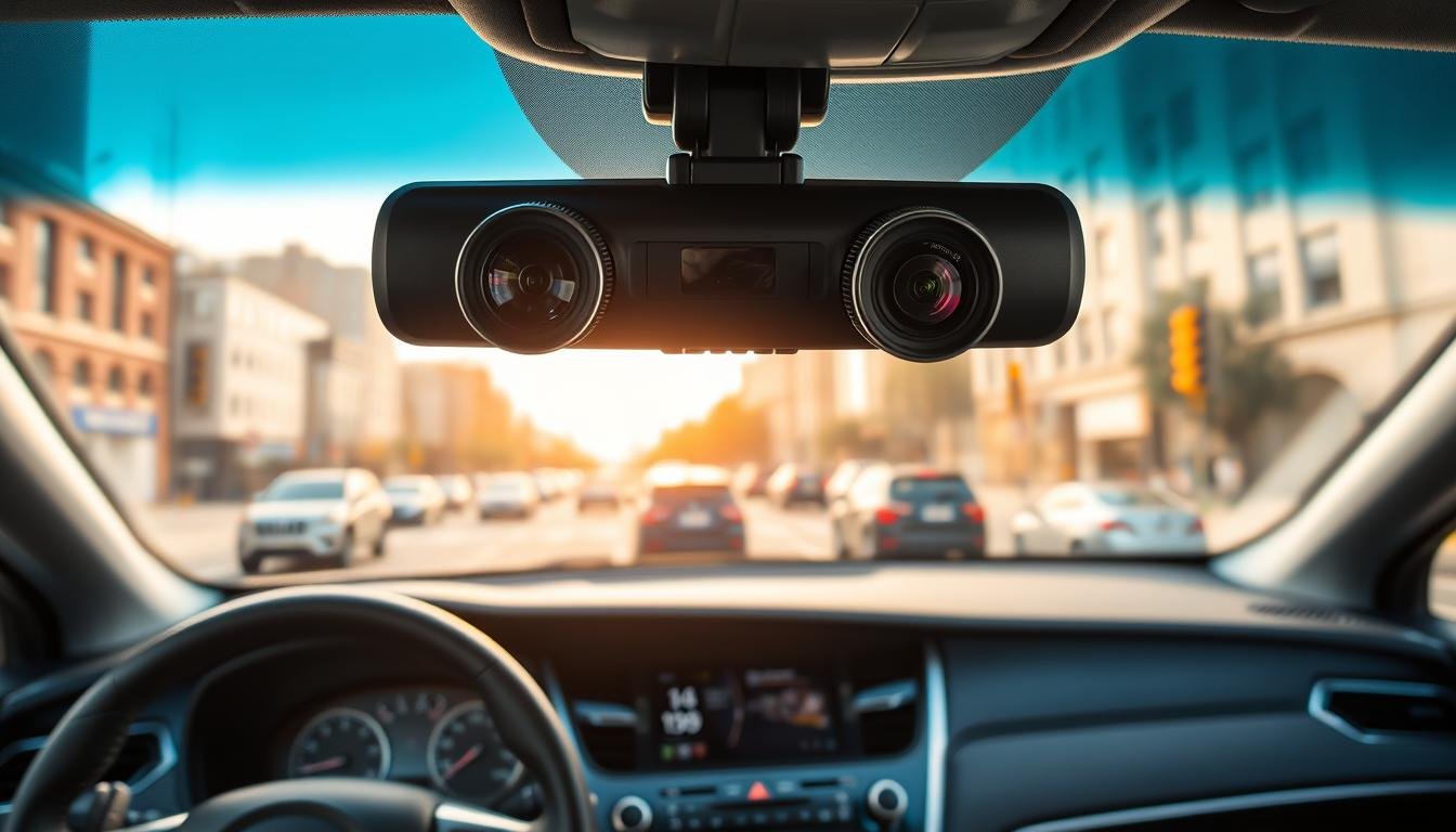A dual-lens dashcam mounted on a modern car's windshield, showcasing its advanced design advantages. The foreground features a close-up of the camera lenses, highlighting the sleek, compact design with reflective surfaces. In the middle ground, the car interior is visible, emphasizing a clean and organized space with high-tech elements like a digital display. The background shows a busy urban street with cars, pedestrians, and traffic lights, indicating the device's use in a real-world environment. The scene is well-lit with natural daylight streaming through the windshield, creating a bright and optimistic atmosphere. The focus is on the functionality and benefits of dual-camera recording, illustrating the importance of comprehensive visibility for safety.