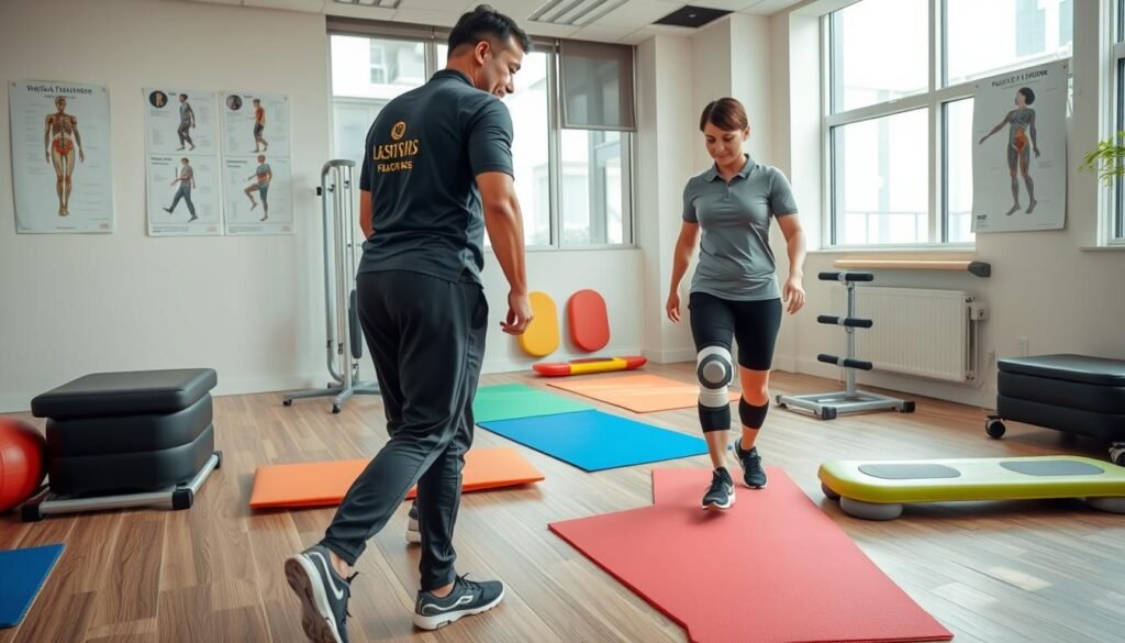 A dynamic and professional physical therapy clinic setting in Hong Kong, focused on ACL rehabilitation for gait compensation. In the foreground, a physical therapist, dressed in a smart polo shirt and athletic pants, is assisting a patient performing gait training exercises with advanced rehabilitation equipment. The patient, wearing a supportive knee brace, is carefully focusing on their stride, demonstrating a compensatory movement pattern. In the middle ground, colorful exercise mats and balance boards are visible, along with anatomical posters illustrating gait mechanics on the walls. The background features large windows allowing natural light to fill the space, creating an uplifting and motivating atmosphere. The overall mood is positive and encouraging, illustrating a professional environment dedicated to rehabilitation and movement correction.