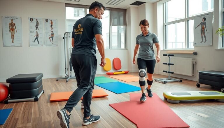 A dynamic and professional physical therapy clinic setting in Hong Kong, focused on ACL rehabilitation for gait compensation. In the foreground, a physical therapist, dressed in a smart polo shirt and athletic pants, is assisting a patient performing gait training exercises with advanced rehabilitation equipment. The patient, wearing a supportive knee brace, is carefully focusing on their stride, demonstrating a compensatory movement pattern. In the middle ground, colorful exercise mats and balance boards are visible, along with anatomical posters illustrating gait mechanics on the walls. The background features large windows allowing natural light to fill the space, creating an uplifting and motivating atmosphere. The overall mood is positive and encouraging, illustrating a professional environment dedicated to rehabilitation and movement correction.