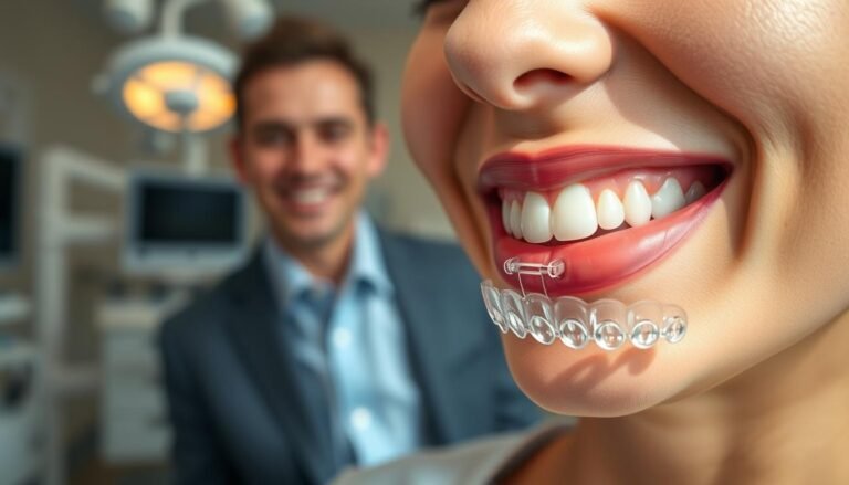 A professional dental clinic setting featuring a close-up of a patient’s mouth displaying clear Invisalign aligners on their teeth. In the foreground, focus on the aligner with precise detailing to capture the smooth texture and transparency. The middle section reveals the patient’s face, showcasing a confident smile and wearing a business-casual outfit, emphasizing comfort and professionalism. The background is softly blurred, depicting dental equipment and tools to create an inviting clinical atmosphere. Bright, natural lighting illuminates the scene, enhancing details and showcasing the aligner's clarity. The mood is optimistic and informative, reflecting the advanced dental technology used for effective dental restoration and preparation for implants.