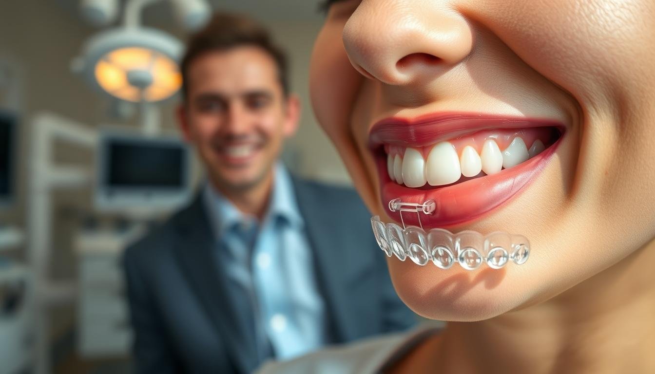 A professional dental clinic setting featuring a close-up of a patient’s mouth displaying clear Invisalign aligners on their teeth. In the foreground, focus on the aligner with precise detailing to capture the smooth texture and transparency. The middle section reveals the patient’s face, showcasing a confident smile and wearing a business-casual outfit, emphasizing comfort and professionalism. The background is softly blurred, depicting dental equipment and tools to create an inviting clinical atmosphere. Bright, natural lighting illuminates the scene, enhancing details and showcasing the aligner's clarity. The mood is optimistic and informative, reflecting the advanced dental technology used for effective dental restoration and preparation for implants.