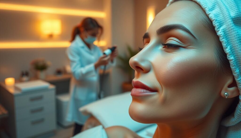 A professional, serene spa environment showcasing the effects of laser pigmentation treatment. In the foreground, a close-up of a woman's face with smooth, radiant skin, highlighting the results after a laser treatment. Her expression is calm, reflecting a sense of satisfaction. In the middle ground, a licensed dermatologist in a white coat is gently examining the skin with a laser device. Soft, ambient lighting creates a soothing atmosphere, emphasizing the cleanliness and professionalism of the setting. In the background, subtle elements like medical equipment and calming decor enhance the spa ambiance without distracting from the main subjects. The overall mood is tranquil and encouraging, illustrating the positive results of the treatment and the importance of professional care.
