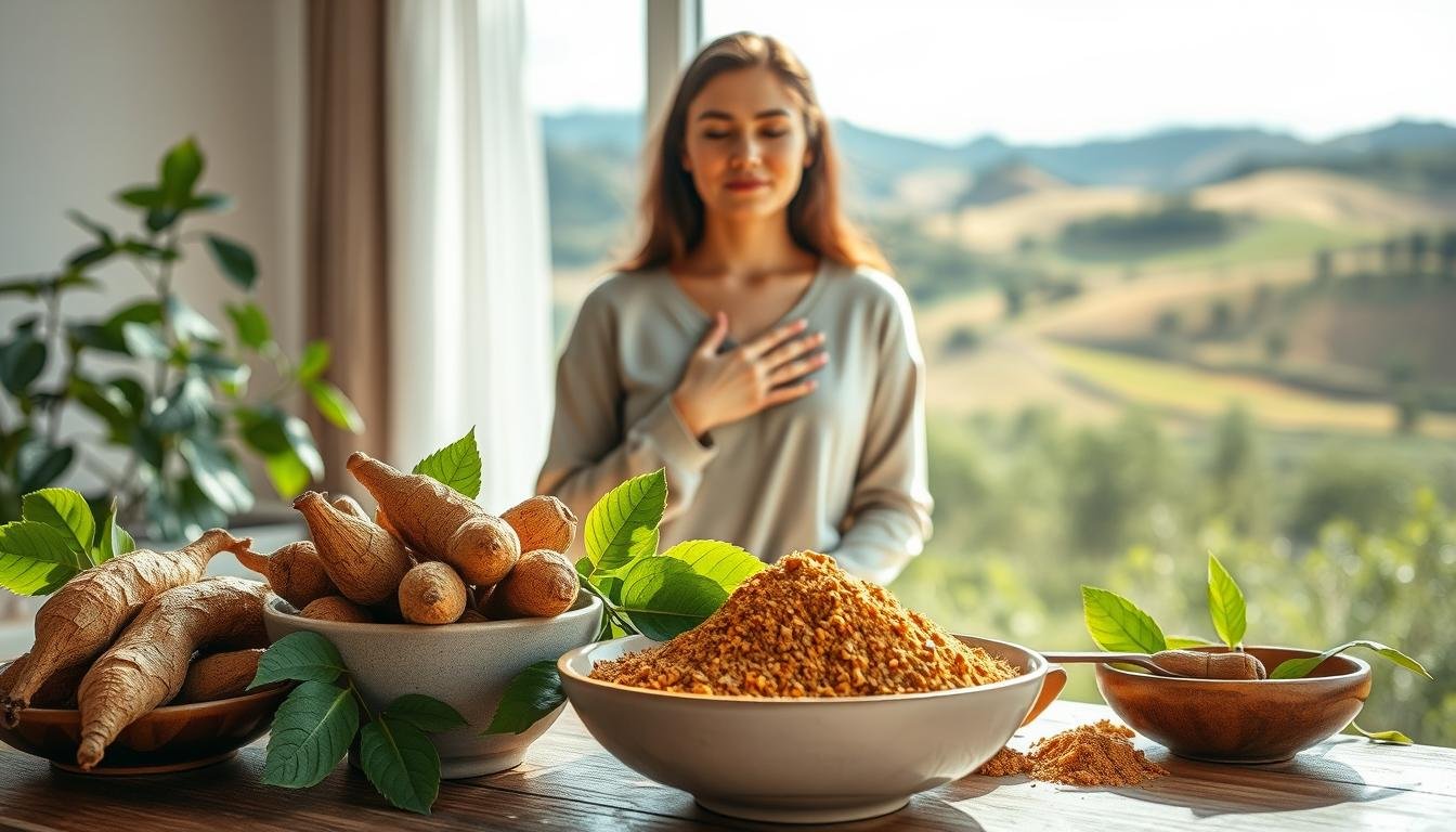 A serene and balanced scene depicting the natural benefits of maca for women undergoing menopause. In the foreground, a gracefully arranged collection of fresh maca roots and powder in elegant ceramic bowls, their earthy tones contrasting with vibrant green leaves. The middle ground features a calm, confident woman in modest casual clothing, radiating tranquility as she gently touches her heart, symbolizing emotional balance. Soft, diffused sunlight filters through a window, creating a warm and inviting atmosphere. The background shows a lush, rural landscape with rolling hills and clear blue skies, hinting at the origins of maca. The overall mood is peaceful and empowering, illustrating how maca can support women in their wellness journey.