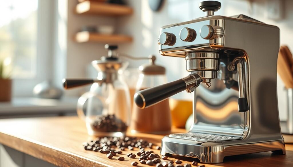 A beautifully arranged manual coffee machine with shiny metallic surfaces and intricate details, placed prominently in the foreground. The machine should showcase its elegant design and classic craftsmanship, emphasizing the lever and brewing components. In the middle ground, a coffee grinder and freshly ground coffee beans complement the scene, hinting at the coffee brewing process. The background features a bright, cozy kitchen setting with soft morning light streaming through a window, casting gentle shadows that enhance the inviting atmosphere. The overall mood should evoke warmth and nostalgia, ideal for coffee enthusiasts, captured with a shallow depth of field to focus on the coffee machine. The lighting should be bright and natural, enhancing the textures and colors of the coffee equipment.