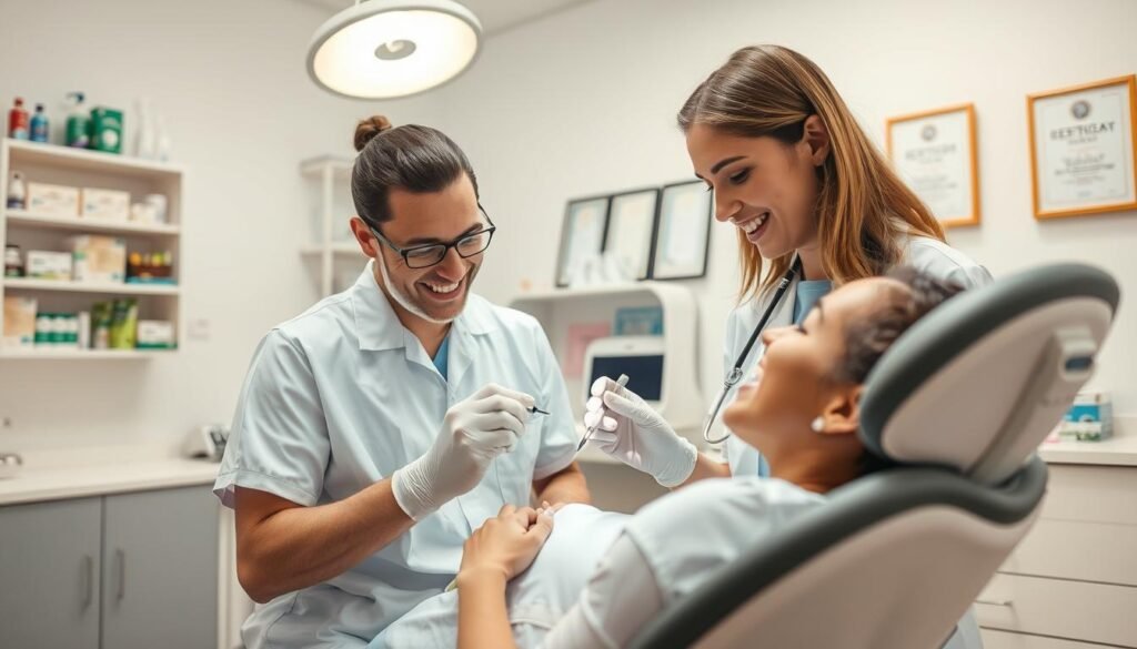 A bright and inviting dental clinic environment, showcasing a gentle, compassionate dentist in professional attire, carefully examining a patient's teeth during a dental cleaning session. In the foreground, the patient, appearing relaxed and comfortable, is seated in a modern dental chair with a slight smile, reflecting trust and contentment. The dentist holds dental tools, focusing on the cleaning process, with a bright overhead light illuminating the scene. In the middle background, shelves filled with dental care products can be seen, along with certificates on the wall affirming expertise. The atmosphere conveys a sense of professionalism and care, with soft, warm lighting, creating a reassuring mood that highlights the importance of regular dental check-ups.