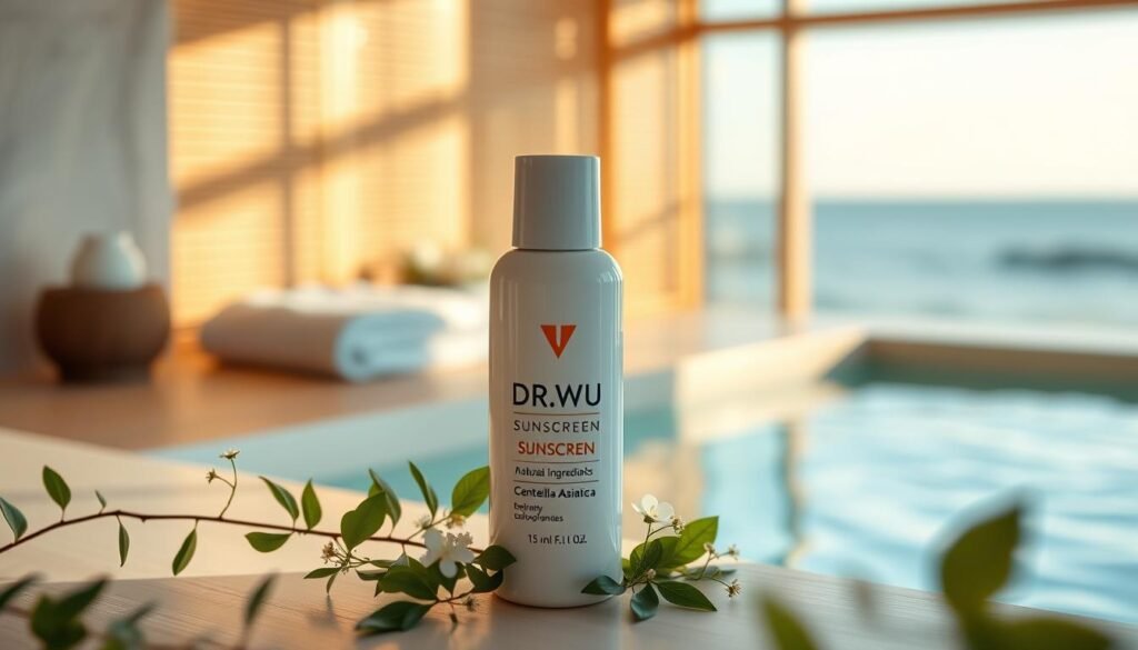 A bright and modern skincare product display featuring DR.WU sunscreen in an elegant, minimalist setting. In the foreground, a sleek, stylish bottle of DR.WU sunscreen with a sophisticated label showcasing its key ingredients like Centella Asiatica. Surround the bottle with delicate green leaves and small white flowers to emphasize natural ingredients. In the middle ground, a soft-focus view of a sunlit, calming spa environment with warm wooden textures and subtle hints of light reflecting off a smooth surface. The background is a blurred, tranquil ocean with gentle waves, conveying a sense of relaxation and protection. The lighting is bright and inviting, with a warm glow, creating a fresh, serene atmosphere perfect for skincare.