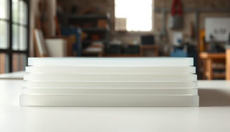 A close-up view of flat frosted polycarbonate sheets stacked neatly on a smooth, light-colored surface. The sheets should exhibit a translucent quality, showcasing their light-diffusing properties with a soft, diffused glow emanating from above, highlighting their texture and clarity. The background fades softly into a blurred workshop environment with subtle hints of tools and equipment, suggesting an industrial setting. Natural light streams in through a nearby window, casting gentle shadows and enhancing the sheet's contours. The overall mood should be calm and professional, emphasizing the functionality and versatility of flat polycarbonate sheets, conveying a sense of innovation and modernity.