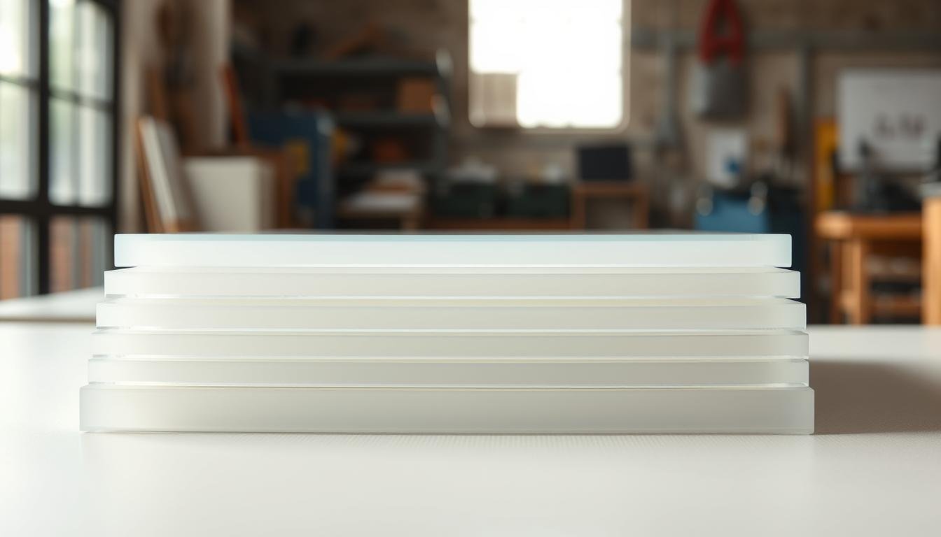 A close-up view of flat frosted polycarbonate sheets stacked neatly on a smooth, light-colored surface. The sheets should exhibit a translucent quality, showcasing their light-diffusing properties with a soft, diffused glow emanating from above, highlighting their texture and clarity. The background fades softly into a blurred workshop environment with subtle hints of tools and equipment, suggesting an industrial setting. Natural light streams in through a nearby window, casting gentle shadows and enhancing the sheet's contours. The overall mood should be calm and professional, emphasizing the functionality and versatility of flat polycarbonate sheets, conveying a sense of innovation and modernity.