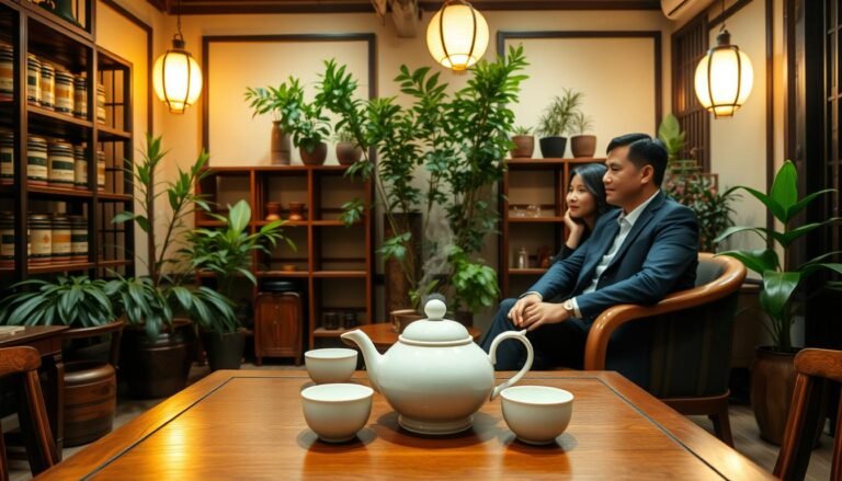 A cozy setting in a charming teahouse in Taichung, Taiwan, showcasing the unique allure of Taiwanese tea culture. In the foreground, an elegantly set wooden table holds a delicate porcelain teapot and matching cups, with steam gently rising from freshly brewed tea. A couple in professional business attire, relaxed and engaged in conversation, sits comfortably, enjoying the serene atmosphere. In the middle, lush greenery from indoor plants and traditional wooden shelves filled with tea canisters create an inviting ambiance. The background reveals softly glowing lanterns casting warm light, enhancing the cinematic and intimate vibe of the scene. Capture this moment in a 4:3 aspect ratio, emphasizing warmth and tranquility, inviting viewers to experience the perfect blend of relaxation and connection.