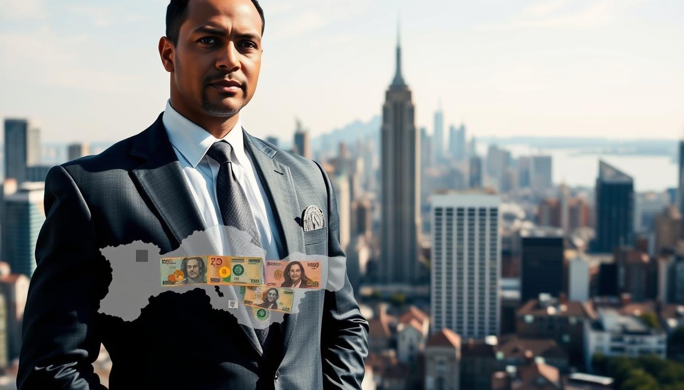 A professional security consultant standing in front of a city skyline, dressed in a well-fitted suit, exuding confidence and authority. In the foreground, a map of the city with marked regions indicating differing security costs. The middle ground features various international currency notes symbolizing the different pricing dynamics of bodyguards across regions. The background shows skyscrapers and diverse neighborhoods, highlighting the urban landscape's complexity. Soft, natural lighting casts shadows that add depth to the scene, while a slight blur on the buildings emphasizes the focus on the consultant and the map. The mood is serious and informative, capturing the essence of bodyguard pricing influenced by geographical factors.