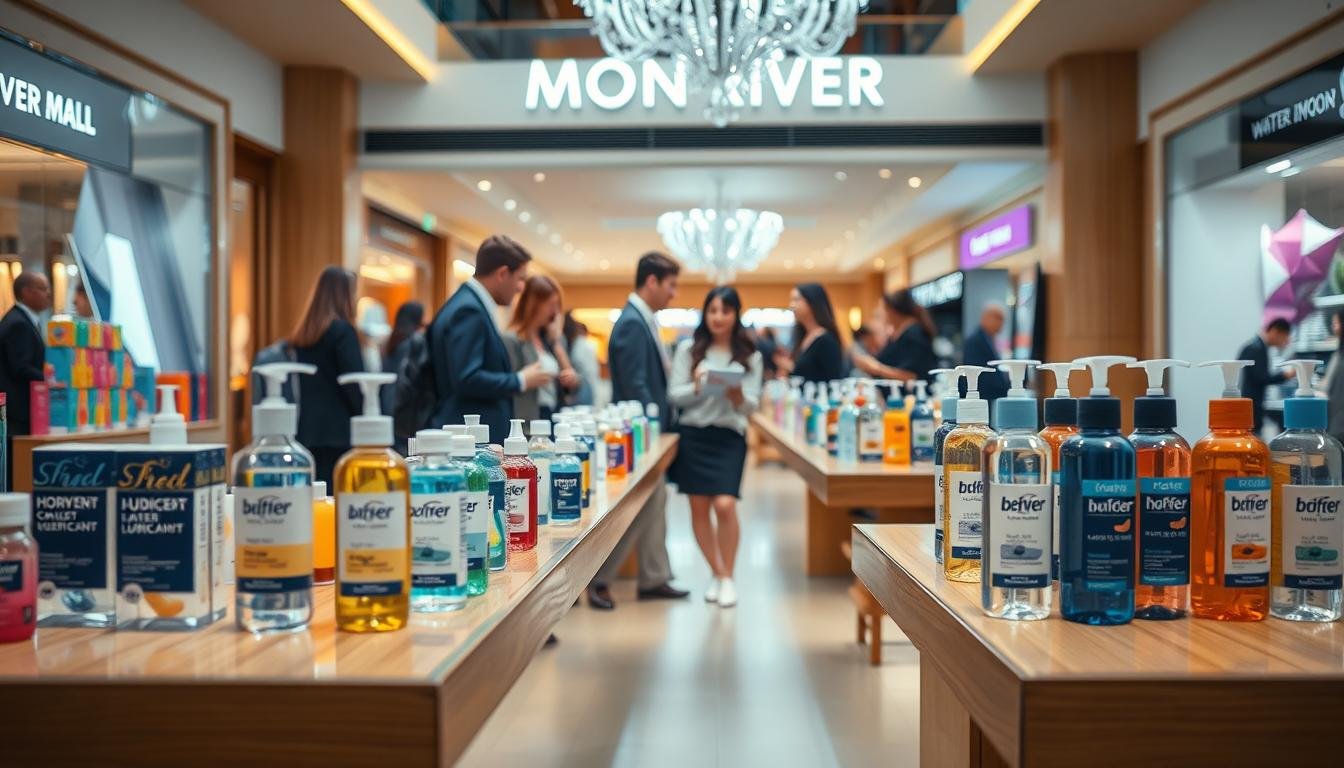 A vibrant and inviting scene inside Moon River Mall, featuring a selection of various water-based lubricants prominently displayed on sleek shelves. The foreground shows a close-up of colorful product packaging with clear labeling, arranged neatly on elegant wooden tables. In the middle, customers, dressed in professional attire, are thoughtfully examining the products, discussing their features. The background showcases the mall's chic architecture with soft, warm lighting illuminating the space, creating a relaxed and welcoming atmosphere. The scene captures the essence of shopping for personal care items, emphasizing a sense of choice and consideration in selecting the appropriate lubricants. The angle is slightly elevated, providing a comprehensive view of both the products and the engaged shoppers in the lively mall setting.