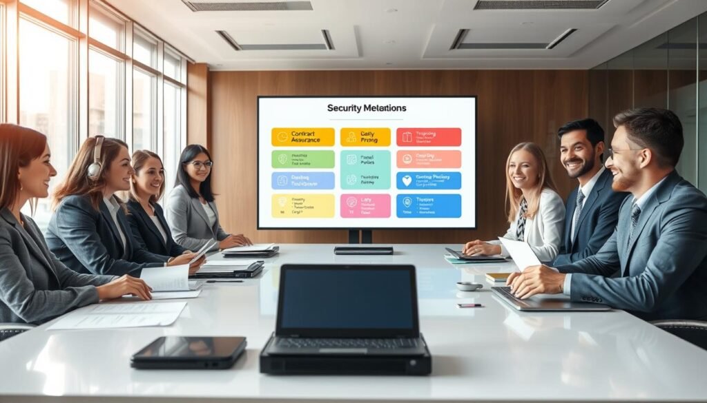 A professional and informative scene illustrating the concept of "美國代購保障機制". In the foreground, a diverse group of business professionals, dressed in smart business attire, are gathered around a modern conference table filled with documents and digital devices, discussing security mechanisms. In the middle ground, a large screen displays colorful infographics showing key features like "Contract Assurance" and "Transparent Pricing" in an engaging layout. The background features a sophisticated office environment with large windows letting in soft, natural light, creating an optimistic and collaborative atmosphere. The mood is focused yet engaging, emphasizing the importance of consumer protection in purchasing from U.S. sourcing services. The image should be clear and well-composed, highlighting both human interaction and the technological aspects of the mechanisms discussed.