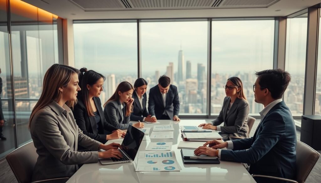 A professional setting depicting important considerations and risks associated with using US purchasing services, specifically through SmileLong. In the foreground, a diverse group of business professionals in modest business attire engages in a serious discussion around a large modern table filled with documents and a laptop, showcasing charts and graphs. In the middle ground, a background of a sophisticated office with large windows revealing a city skyline, emphasizing a global connection. Soft, warm lighting creates a focused atmosphere, enhancing the mood of careful planning and strategic thinking. The angle captures both the teamwork and the complexity of international purchasing strategies, ensuring a sense of professionalism and attentiveness without any text or distractions.