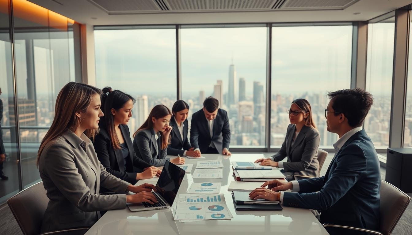 A professional setting depicting important considerations and risks associated with using US purchasing services, specifically through SmileLong. In the foreground, a diverse group of business professionals in modest business attire engages in a serious discussion around a large modern table filled with documents and a laptop, showcasing charts and graphs. In the middle ground, a background of a sophisticated office with large windows revealing a city skyline, emphasizing a global connection. Soft, warm lighting creates a focused atmosphere, enhancing the mood of careful planning and strategic thinking. The angle captures both the teamwork and the complexity of international purchasing strategies, ensuring a sense of professionalism and attentiveness without any text or distractions.