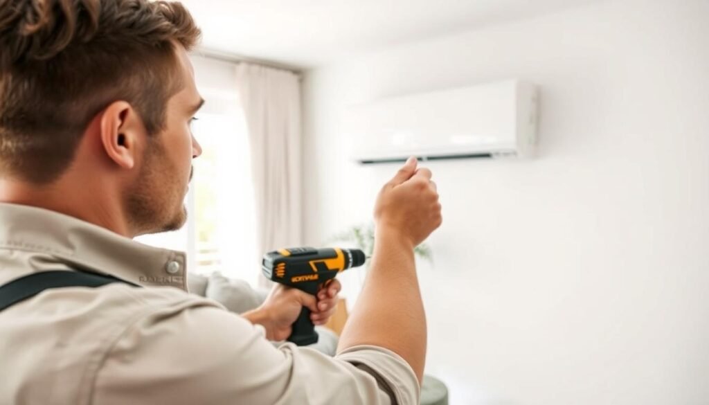 A professional technician in a neat work uniform is installing a wall-mounted split air conditioning unit in a modern living room. The foreground features the technician carefully adjusting the unit with tools like a drill and screwdriver. In the middle ground, a white split air conditioning unit is prominently displayed, with pipes and wall mounting elements visible. The background shows a bright, airy room with large windows letting in natural light, highlighting the room's clean decor and minimalistic furniture. The atmosphere is one of professionalism and focus, emphasizing home improvement and comfort. Use soft, even lighting to create a welcoming and informative ambiance.