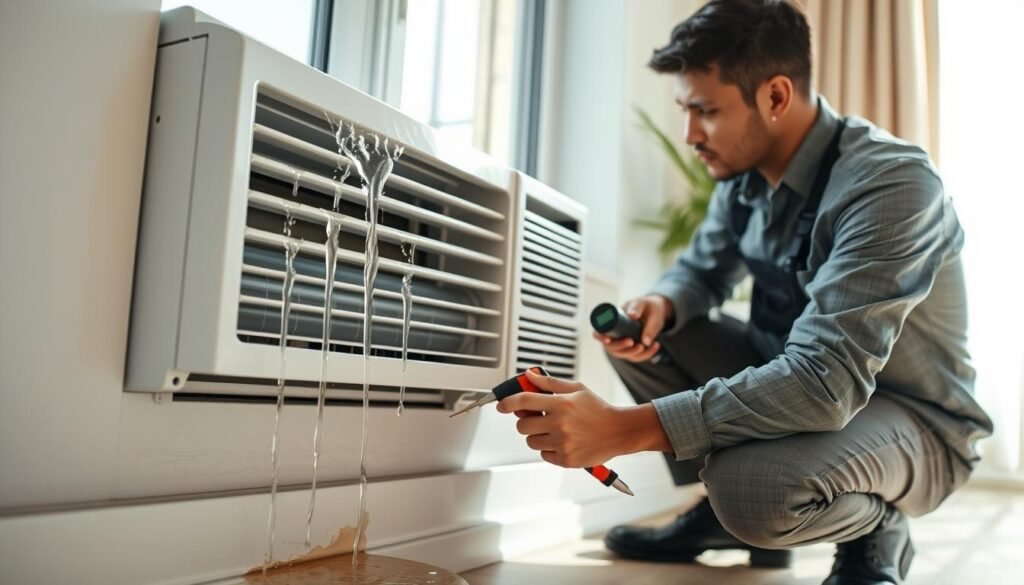 A professional technician is inspecting a window air conditioning unit, focused on identifying the source of water leakage. In the foreground, the technician, wearing a neat business attire, is crouched down beside the AC unit, using tools such as a screwdriver and a moisture meter. In the middle, the window AC unit shows a clear view of water dripping down the side, with evidence of condensation and a small puddle forming on the floor. The background features a living room setting with a soft focus, including a window with sunlight streaming in, casting gentle shadows that enhance the mood of a calm, yet urgent repair scenario. The lighting is bright, emphasizing the technician's diligent approach to the task at hand.