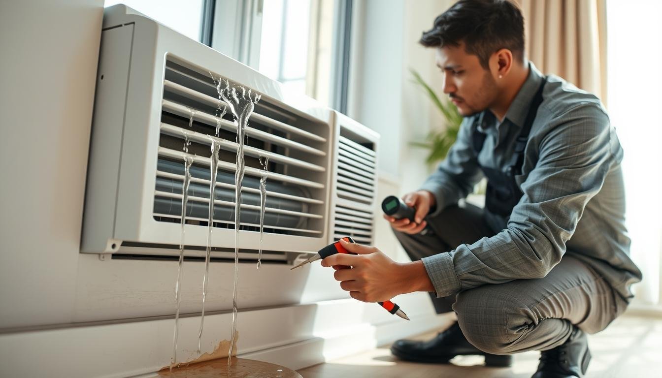 A professional technician is inspecting a window air conditioning unit, focused on identifying the source of water leakage. In the foreground, the technician, wearing a neat business attire, is crouched down beside the AC unit, using tools such as a screwdriver and a moisture meter. In the middle, the window AC unit shows a clear view of water dripping down the side, with evidence of condensation and a small puddle forming on the floor. The background features a living room setting with a soft focus, including a window with sunlight streaming in, casting gentle shadows that enhance the mood of a calm, yet urgent repair scenario. The lighting is bright, emphasizing the technician's diligent approach to the task at hand.