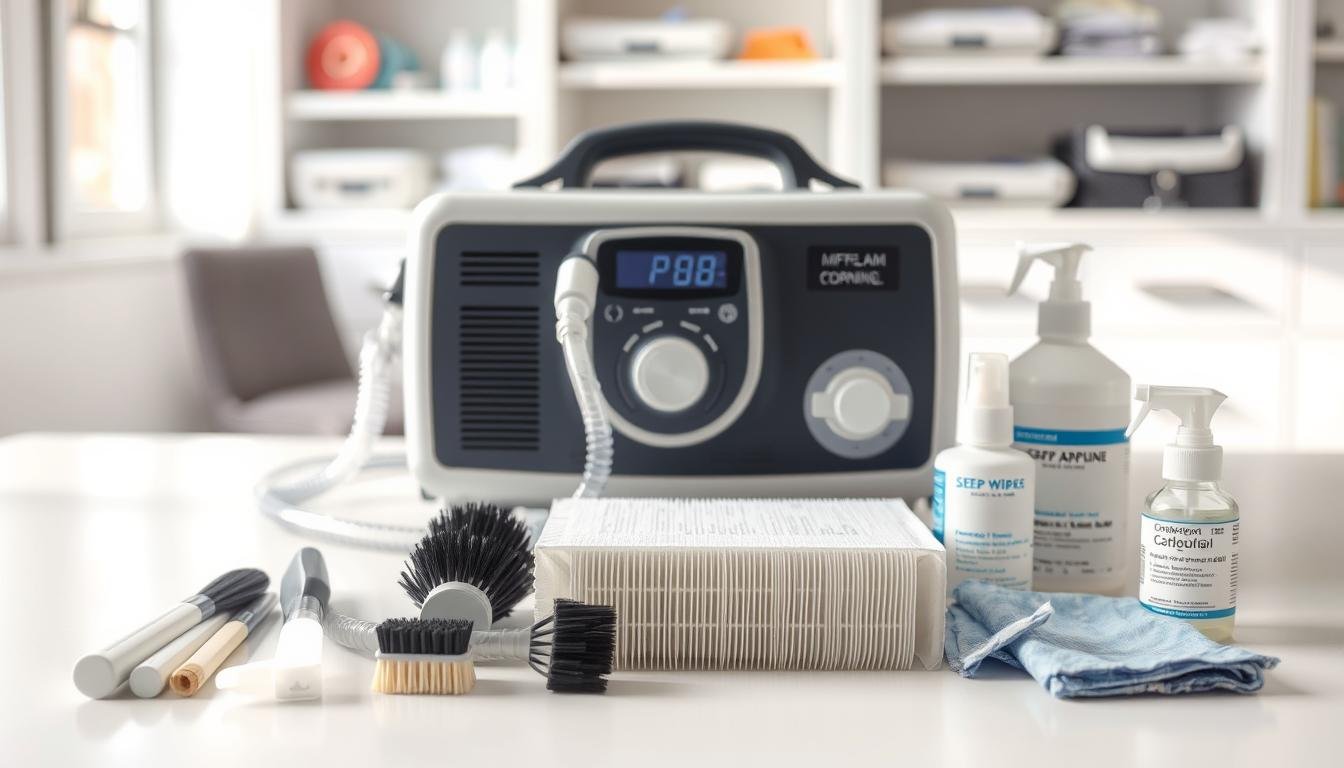 A clean, well-organized workspace showcasing a sleep apnea machine and its essential cleaning accessories. In the foreground, a CPAP machine is depicted alongside various cleaning tools such as brushes, wipes, and solutions neatly arranged. The middle ground features a detailed close-up of the machine's components, emphasizing the air filters and tubing that require maintenance. The background is softly blurred, hinting at a well-lit clinical environment with shelving units holding additional accessories. Bright, natural lighting enhances the cleanliness of the scene, while a slight overhead angle captures the arrangement dynamics. The mood is professional and informative, suitable for an educational context.