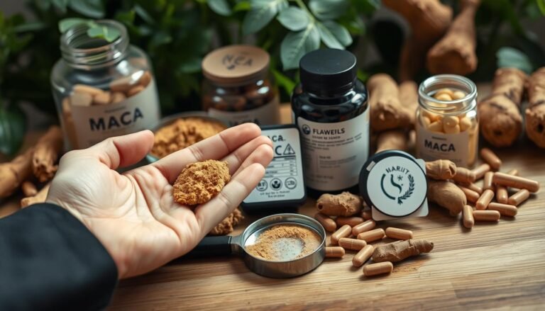 A detailed close-up of high-quality Maca root products arranged on a wooden table, showcasing various forms such as powder, capsules, and whole roots. In the foreground, a delicate hand in business attire gently holds a sample of Maca powder, indicating careful examination. In the middle ground, a small magnifying glass is placed next to a label with visible ingredients and quality certification symbols. The background features natural green plants, creating an organic feel, and soft, natural lighting that highlights the textures of the products. The atmosphere is professional and informative, inviting viewers to learn about quality standards in Maca products. The entire scene should convey a sense of trustworthiness and quality assurance.