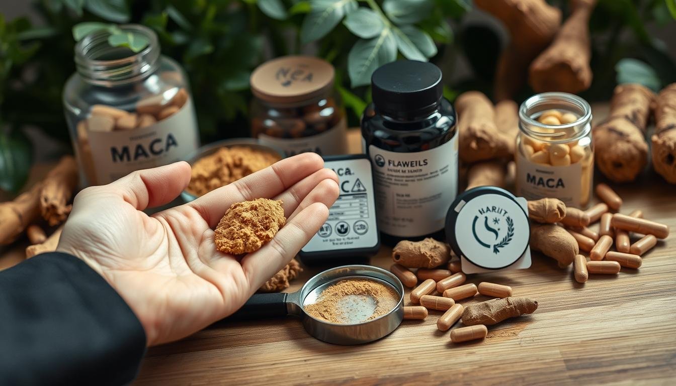 A detailed close-up of high-quality Maca root products arranged on a wooden table, showcasing various forms such as powder, capsules, and whole roots. In the foreground, a delicate hand in business attire gently holds a sample of Maca powder, indicating careful examination. In the middle ground, a small magnifying glass is placed next to a label with visible ingredients and quality certification symbols. The background features natural green plants, creating an organic feel, and soft, natural lighting that highlights the textures of the products. The atmosphere is professional and informative, inviting viewers to learn about quality standards in Maca products. The entire scene should convey a sense of trustworthiness and quality assurance.