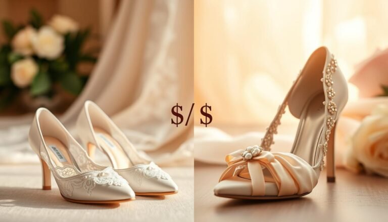 A visually compelling split-image composition showcasing the differences between affordable wedding shoes and high-end designer wedding shoes. In the foreground, feature a pair of elegant, affordable wedding shoes with delicate lace and simple embellishments, emphasizing comfort and practicality. In contrast, depict a luxurious pair of designer shoes with intricate beading, fine silk, and a striking heel, reflecting high fashion. The middle ground should include subtle price tags hovering over each shoe type, indicating their market position. In the background, create a soft-focus setting of a wedding scene, incorporating pastel colors and gentle lighting to evoke a romantic atmosphere. Use warm, diffused natural light to enhance the textures of the materials, capturing the essence of bridal elegance without any text or distractions.